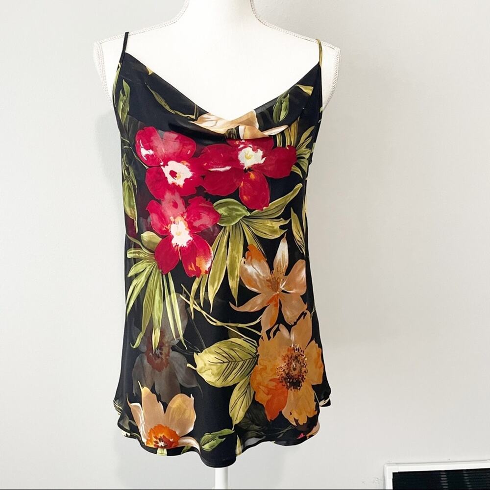 Ellen Tracey black floral silk cowl tank camisole size 6
